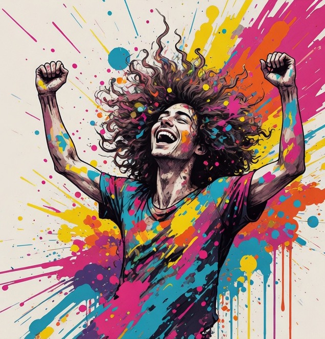 Joyful figure celebrating with paint-splashed hair and raised arms